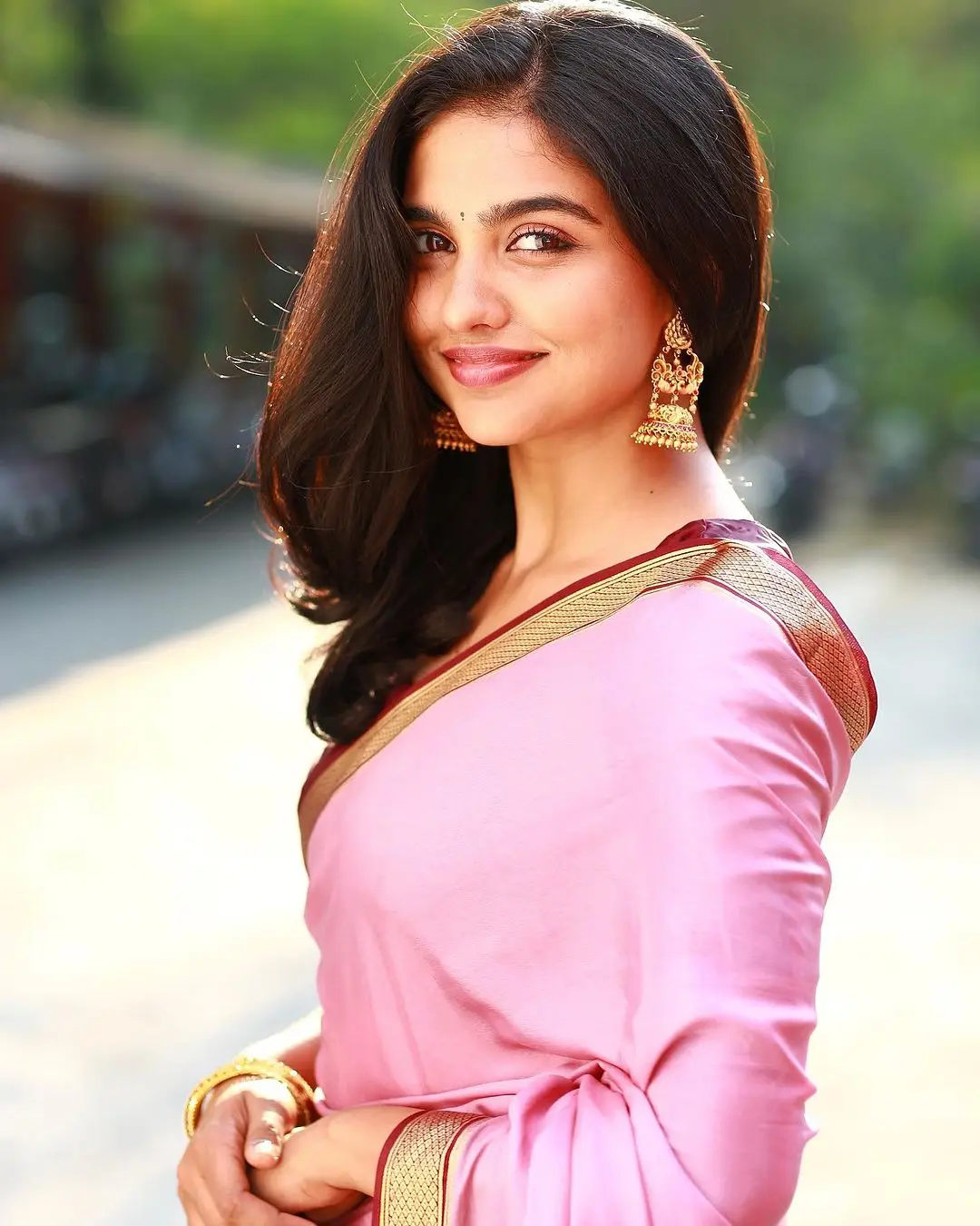 Malayalam Actress Mamitha Baiju in Pink Saree Maroon Blouse